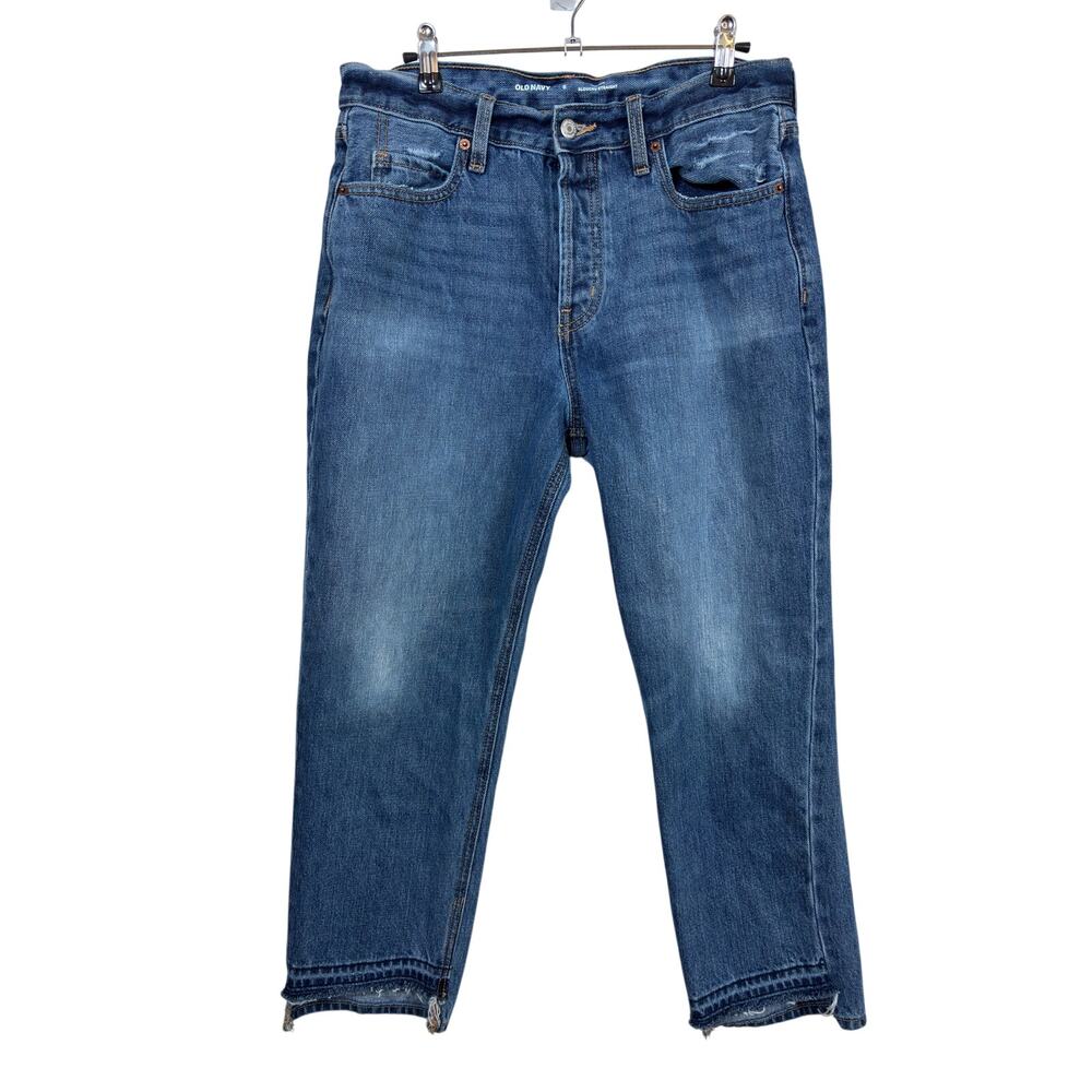 Old Navy Slouchy Straight Jeans Womens 6 Blue High Rise Cropped Raw Hem